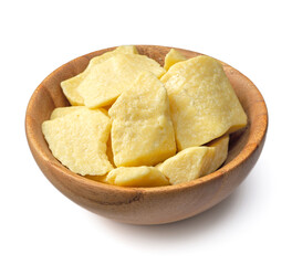 cocoa butters in the wooden bowl, isolated on white background