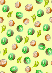 Seameless fresh Pattern with Fruit Banana, Orange and Kiwi on Toned Background