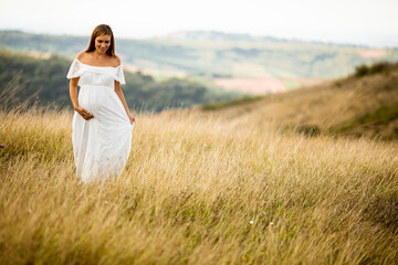 Fototapeta na wymiar Young pregnant woman at the field