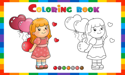 Coloring Page Outline of cartoon girl with heart and balloons. Valentine's day. Coloring Book for kids.