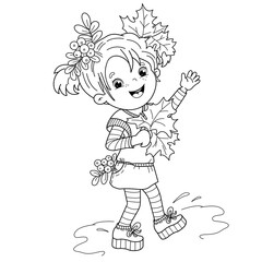 Coloring Page Outline Of cartoon girl with autumn leaves and sprigs of mountain ash. Coloring Book for kids.
