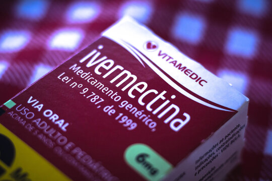 May 10, 2021, Brazil. In this photo illustration a box of Ivermectin medicine. In Brazil it is associated with the treatment of Covid-19 (Coronavirus).