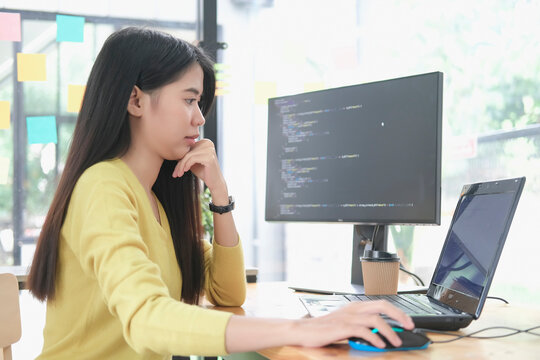Developing programmer team typing source codes and Website design in oftware company office. Freelance Work, Web Design Business, and Web Development Concept.