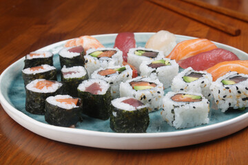 Sushi variety as oriental food
