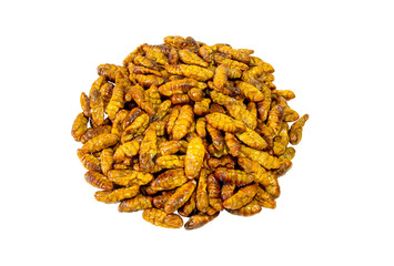 Chrysalis. Butterfly larvae woven into a thread. It is roasted as a food and snack. Clipping Path.