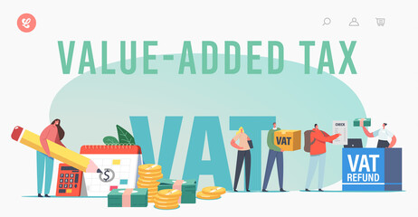 Vat, Value Added Tax Landing Page Template. Male or Female Characters Getting Refund for Foreign Shopping