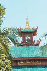 Beautiful view of Hoa Nghiem Pagoda in Bao loc city, Lam Dong province, Vietnam. Text in photos mean Hoa Nghiem pagoda, name of this pagoda (Vietnamese language)