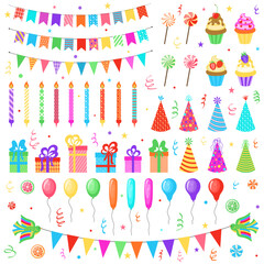 Set of vector birthday party elements. Colorful balloons, flags, confetti, cupcakes, gifts, candles, bows and decorative ribbons. Vector illustration