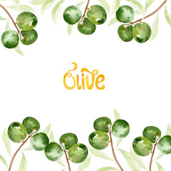 Watercolor olive branches frame. Template for decorating designs and illustrations.