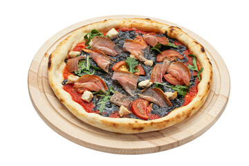 Delicious pizza with mozzarella, cuttlefish ink, served on a wooden plate isolated on a white background. File contains clipping path.