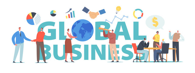 Obraz premium Global Business Concept. Successful Financial Partnership, Career Growth. Characters Handshake, Growing Arrow Charts