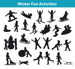 Children's Winter fun activities in ice and snow silhouette set collection, kids playing snowballs, making snowman, sledding downhill, rolling snow, skating, snowboarding, skiing, riding on sleigh 