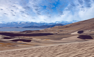 Sand dunes and Himalayas along China-Nepal Border, Tibet, China