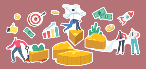Set of Stickers Profit Share. Businessmen and Businesswomen Characters Stand at Huge Pie Chart Showing Money Shares