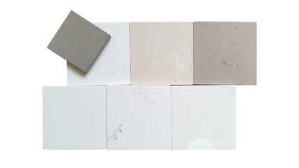 artificial stone or quartz stone samples including light grey ,ivory and beige color tone isolated on white background with clipping path. luxury quartz stone samples for interiror construction.