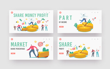 Share Money Profit Landing Page Template Set. Tiny Business Characters Stand at Huge Pie Chart Showing Partners Shares
