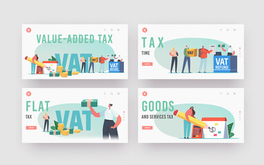 Vat, Value Added Tax Landing Page Template Set. Male Female Characters Getting Refund for Foreign Shopping