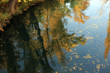 Colorful autumn landscape reflected in the Júcar River as it passes through Cuenca.