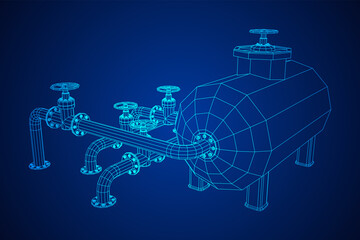 Oil tank storage of flammable materials and pipeline with valve. Finance economy polygonal petrol production. Petroleum fuel industry transportation line. Wireframe low poly mesh vector illustration.