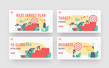 Next Target Plan Landing Page Template Set. Business Characters Team Climbing Stairs. Business People Reach Aim