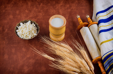 Shavuot kosher food fresh dairy products milk, cottage cheese wheat