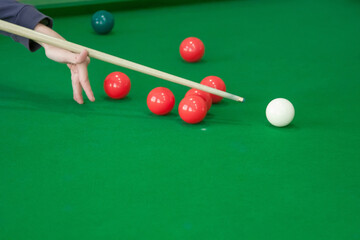 Snooker game fragment. Shot is ready of white ball.