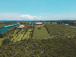 Aerial view of Tea Pagoda (Vietnamese language is Chua Tra) in Bao loc city, Lam Dong province,...