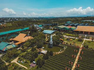 Aerial view of Tea Pagoda (Vietnamese language is Chua Tra) in Bao loc city, Lam Dong province,...