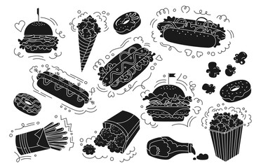 Fast food black glyph set. Donut hot dog, hamburger, potato, nuggets ketchup and popcorn collection. Menu card delicious fast food icons. Cheeseburger beverage tasty unhealthy lunch. Hand drawn vector
