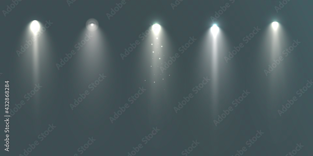 Poster Spotlights set isolated on transparent background. Vector glowing light effect with golden rays and lens flares.