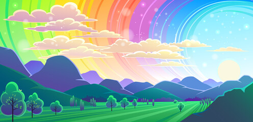 A rainbow tunnel across the vast landscape of mountains and meadows.