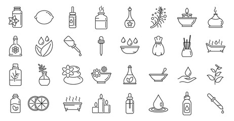 Essential oils perfume icons set, outline style