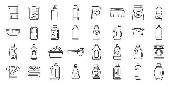 Wash softener icons set, outline style