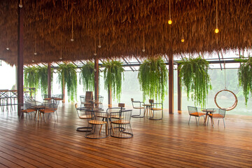 Hanging rattan chair with cushion near tropical river with green plants