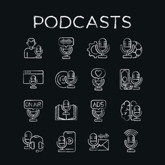 Podcasts chalk icons set. Podcast. Thin line flat vector illustration.