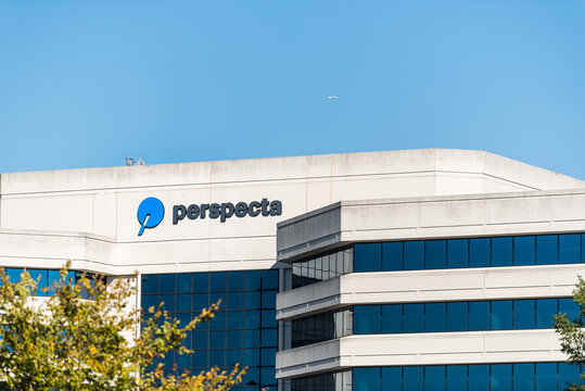 Chantilly, USA - October 7, 2020: Perspecta Inc company headquarters building sign in Northern Virginia with logo for corporate business providing federal government contractor services