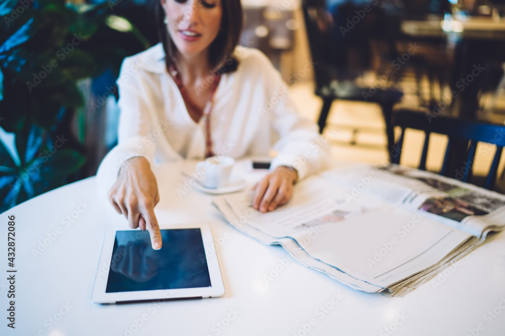 Poster blurred female customer touching screen of gadget checking received email message and notification, 