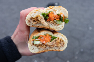 Handheld Banh Mi Sandwich Cut in Half with Meat and Vegetables