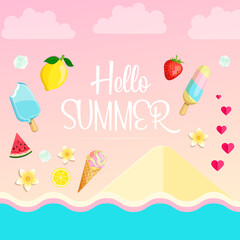 Beautiful landscape, hello summer in a beautiful bright background. Vector design.