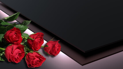 bouquet of fresh red roses on elegant dark and rose coloured planes with backlight - copy space