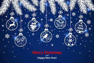 Merry Christmas and Happy New Year winter greeting card background with xmas decoration elements hanging  balls on ropes on evergreen fir pine tree branches in blue and white colors