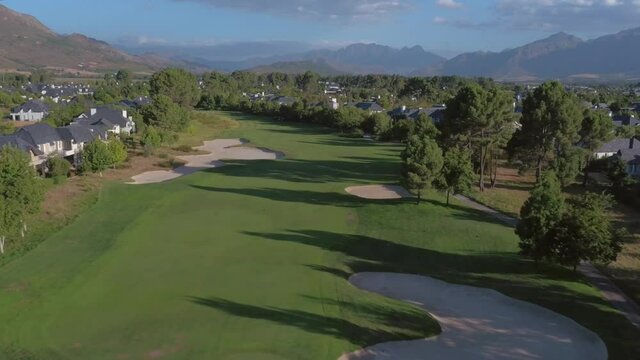 HD Drone Aerial Landscape tracking shot of Residential Pearl Valley Golf Estate in, Western Cape, South Africa