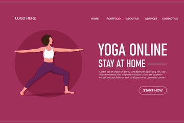 Yoga online class landing page template concept. Girl doing yoga online at home using her laptop