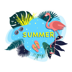 Obraz premium Summer with abstract decoration on blue pool background. Vector illustration of flamingo, palm leaf, sunglasses. Colorful beach elements.