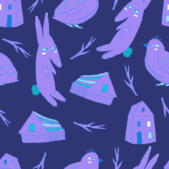Cartoon pattern in violet blue colors. Rabbit, two types of houses, twigs and a bird. Vector illustration.