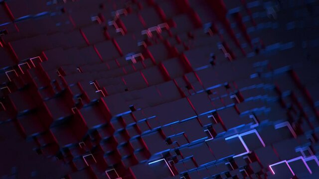 Cubes in neon light. Abstract futuristic technology background. Seamless loop 3D render animation