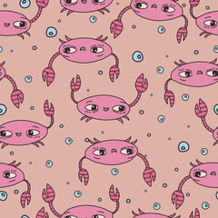 cartoon pattern of crabs and bubbles. Vector illustration.