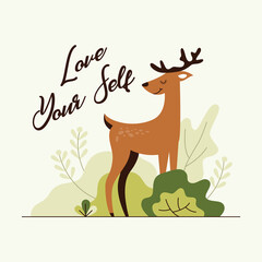 cute deer stand grass with motivational word vector illustration