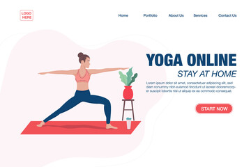 Yoga online class landing page template concept. Girl doing yoga online at home using her laptop