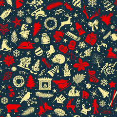 Seamless pattern texture background with christmas winter decoration objects elements items for xmas design in dark blue gold and red colors